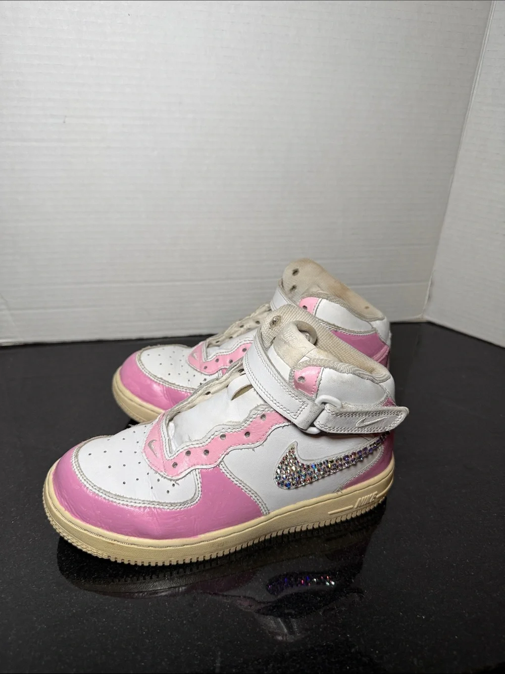 Nike Air Force 1 Mid White Pink Girls Custom Rhinestone Swoosh Sneakers Size 3Y